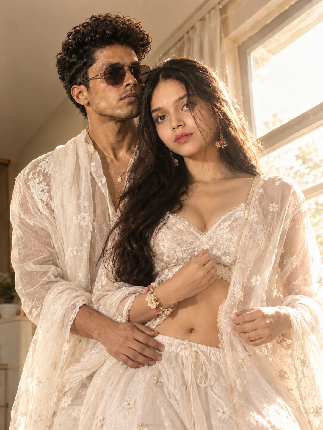 Create an ultra-realistic cinematic romantic couple portrait using the uploaded reference image as the primary visual reference.