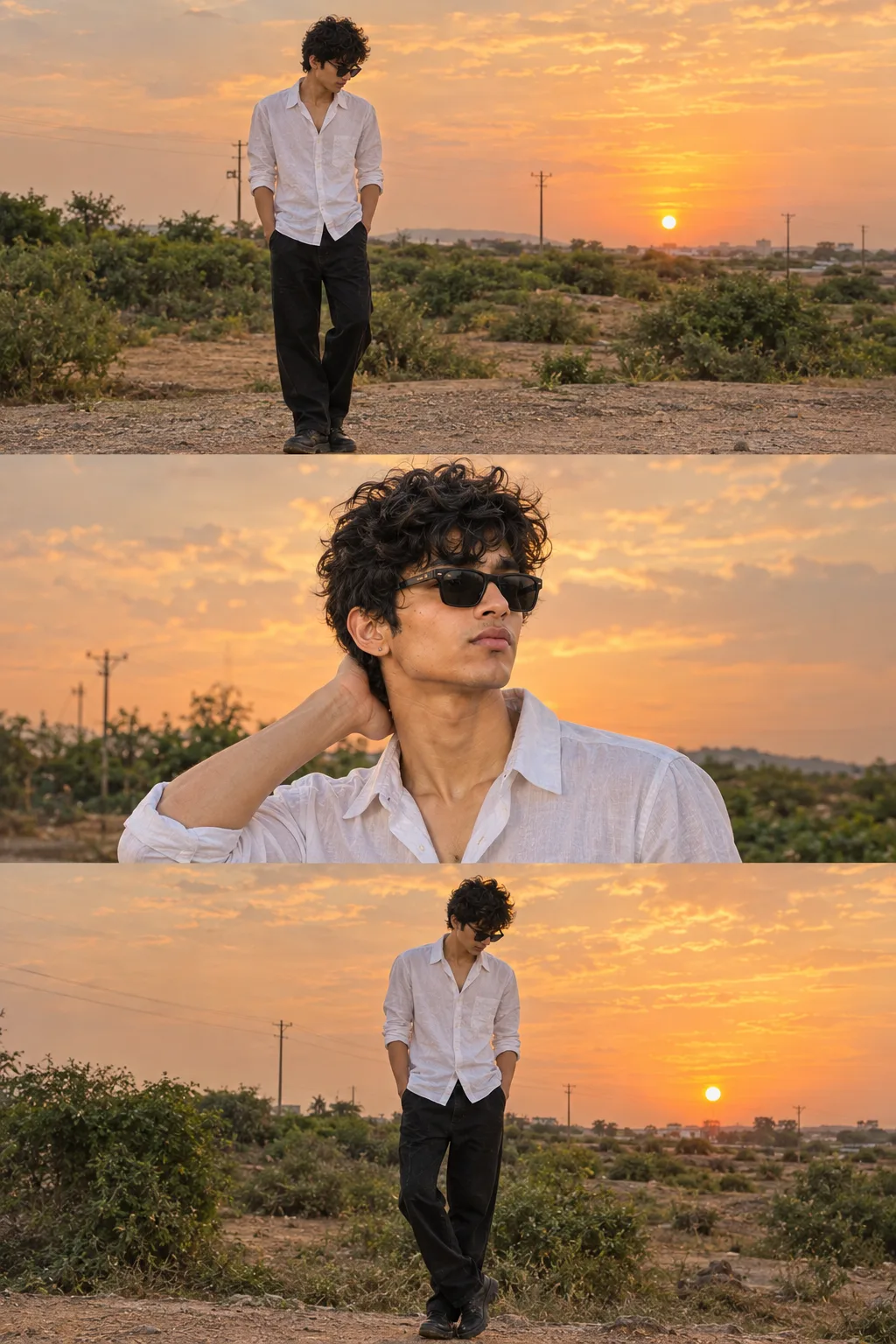 Ultra realistic cinematic collage photograph showing the same young man in three different poses in one single image, all set in the same