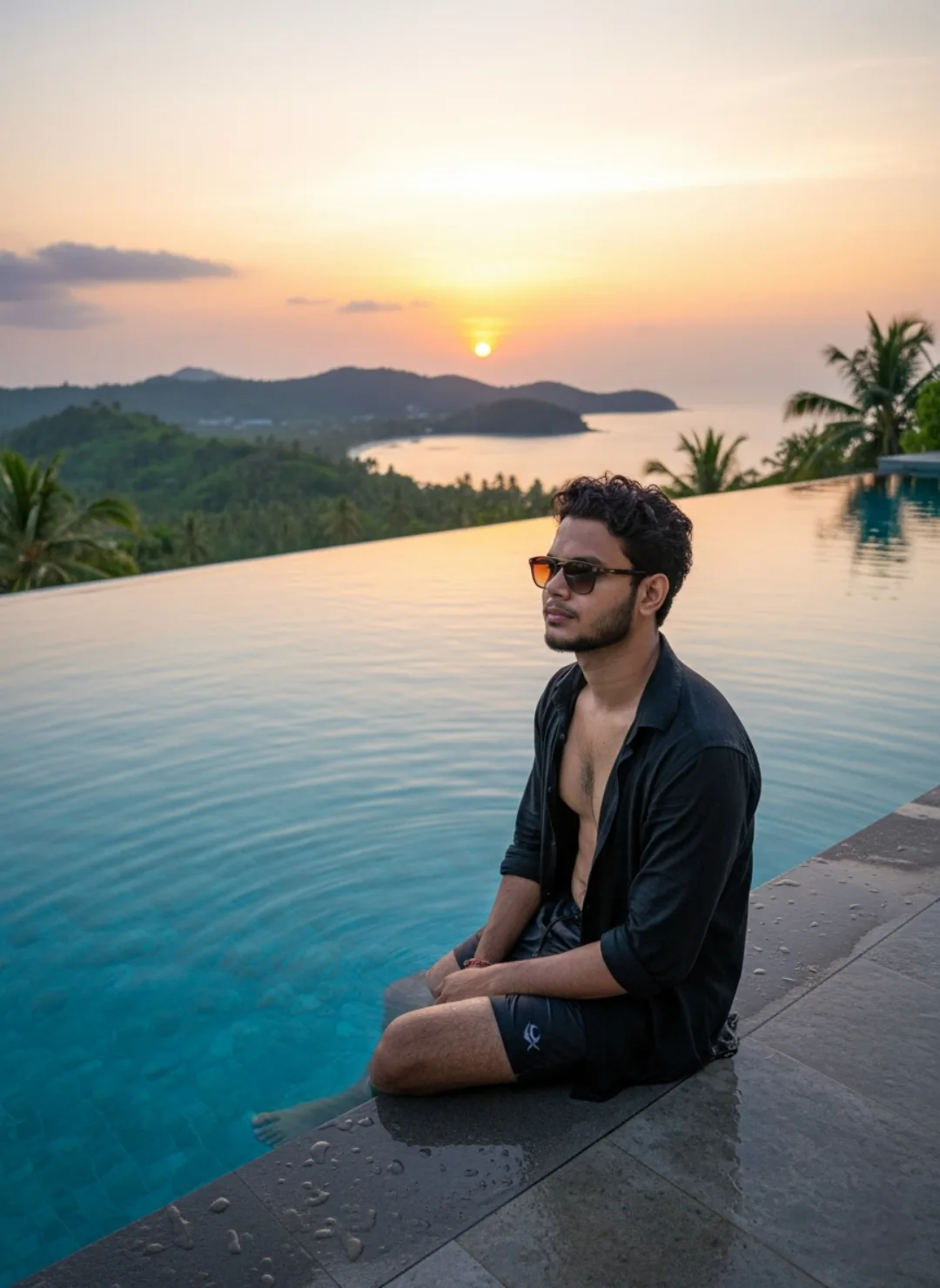 A young South Asian man with curly dark hair, short beard, and stylish amber-tinted sunglasses sits barefoot on the wet edge of a luxurious