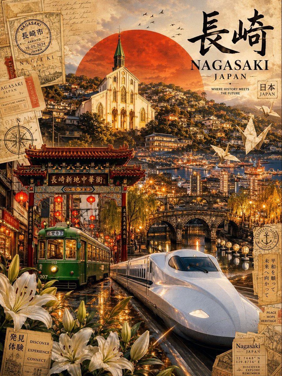 Created with GPT Image 2.0 on ChatGPT Prompt: Ultra-viral cinematic travel poster of Nagasaki, Japan, designed for Pinterest, Instagram,