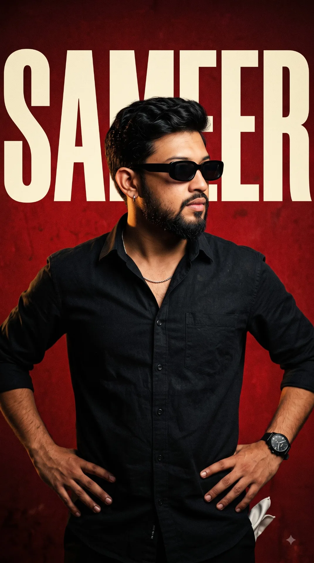 Create a cinematic, ultra realistic, editorial style portrait of a cool young man with wavy dark hair short beard and mustache, wearing