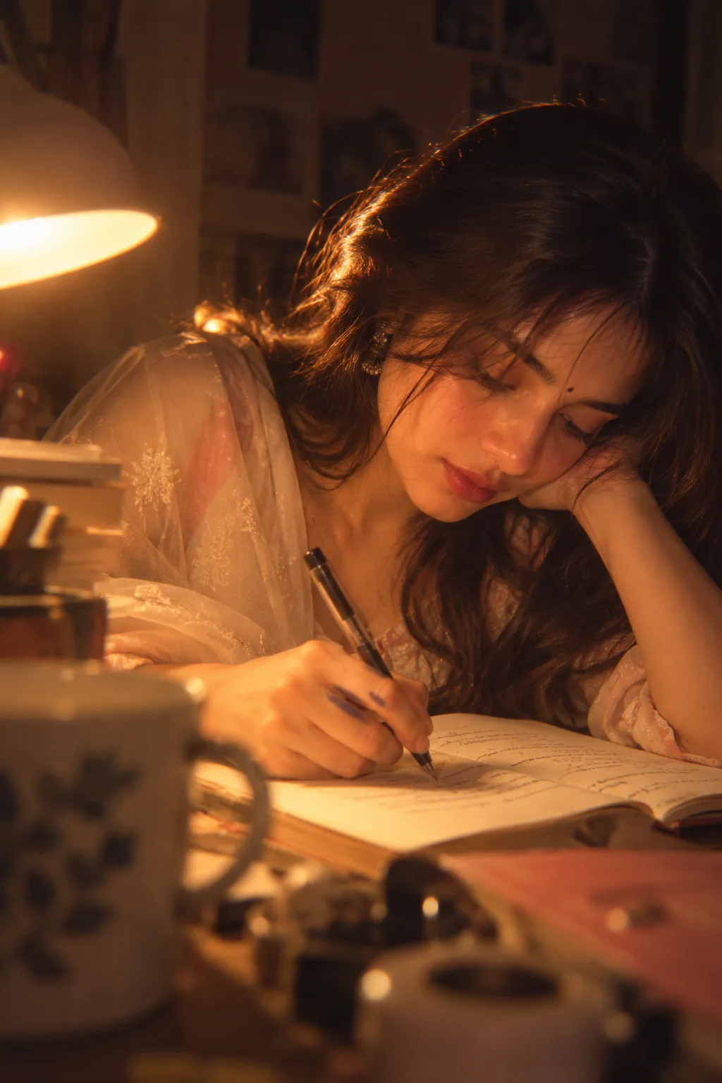 A warm candid editorial photograph of a young South Asian woman sitting at a study desk in a cozy dimly lit bedroom during late evening.