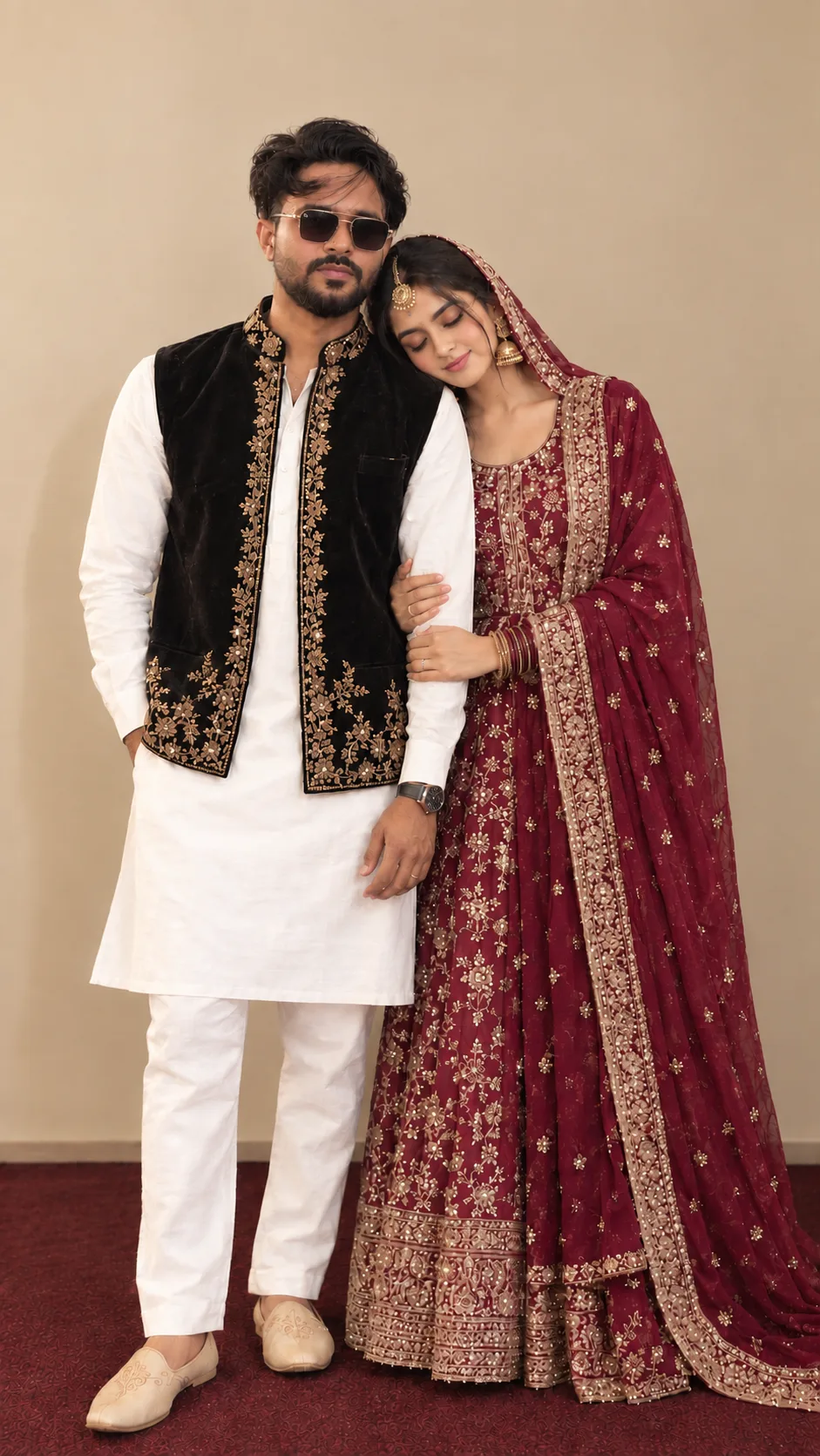 Create an ultra-realistic, high-quality, full-body traditional Indian wedding couple portrait using my uploaded reference photo.