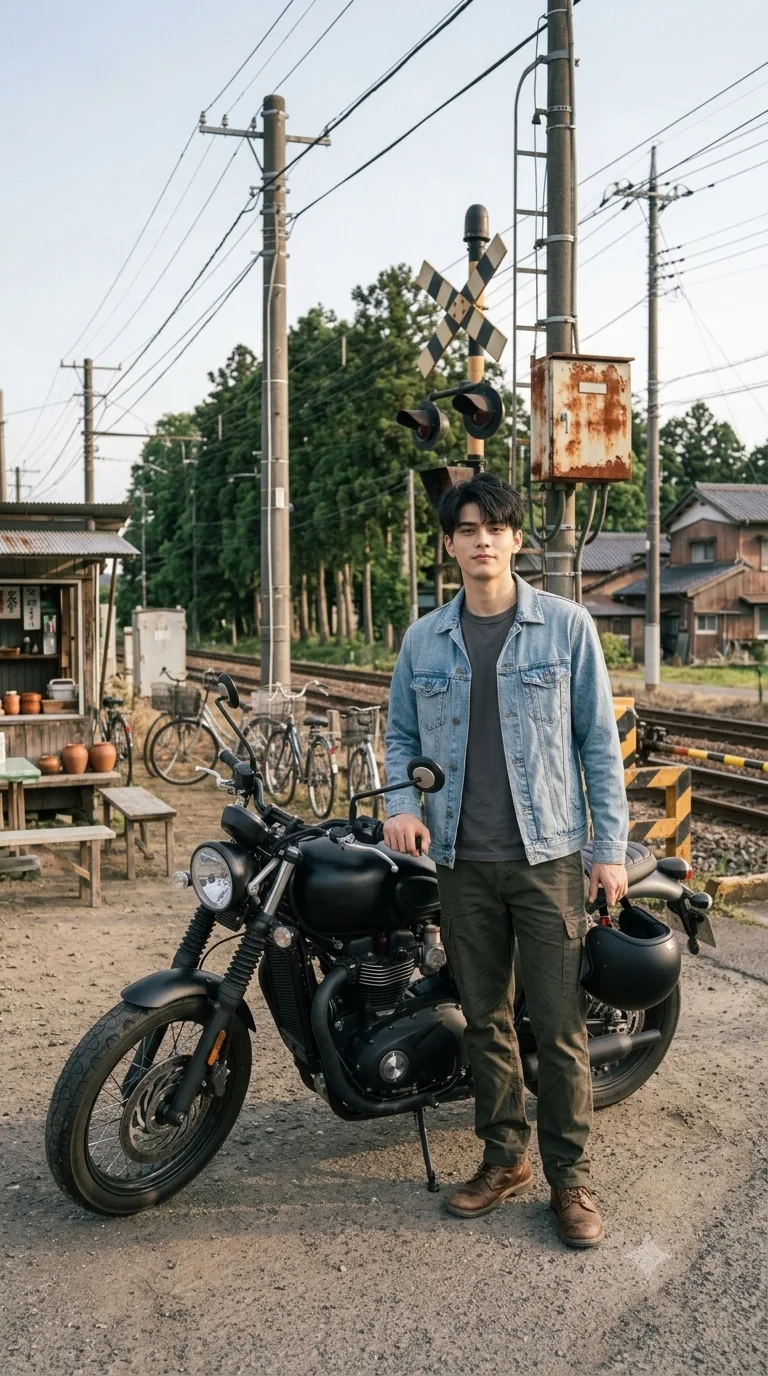Ultra realistic full body photograph of a young man standing casually beside a rugged matte-black motorcycle near an old railway crossing