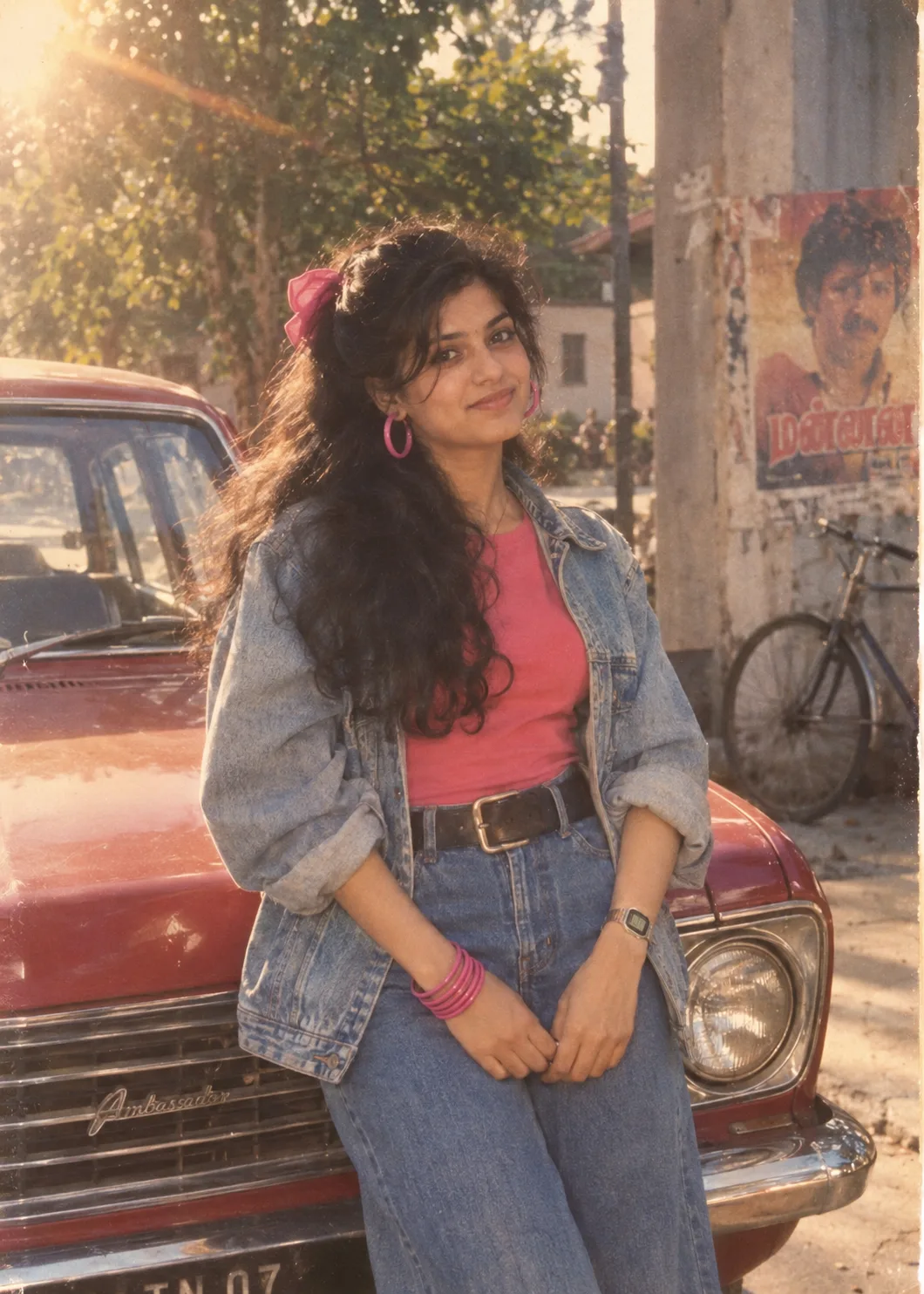 Create one authentic 1980s-style 5:7 vertical photograph: a young South Indian woman standing casually in front of a vintage red car, body
