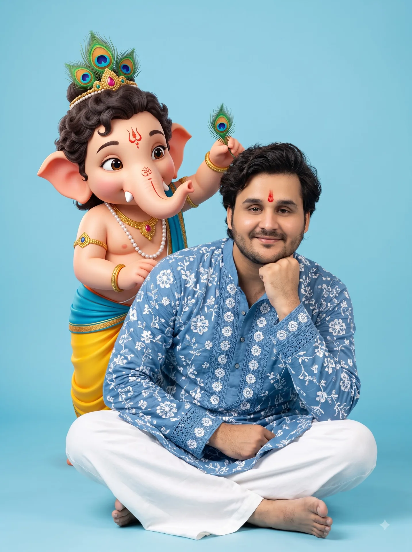 A HANDSOME 24 YEAR OLD Indian man sitting cross-legged on the floor against a solid light blue background, wearing a BLUE embroidered kurta