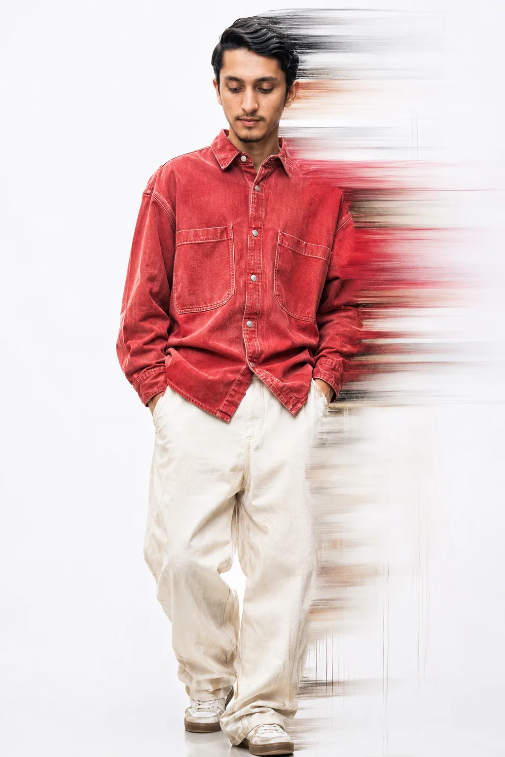 A Uploaded image create Fashion editorial portrait of stylish young man standing a clean light-gray studio background, red denim shirts