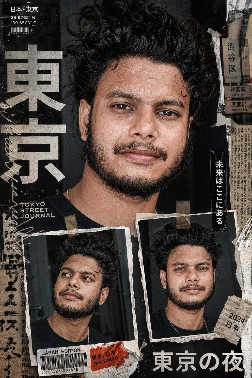 Create a bold Y2K Japanese street-editorial collage poster with a clean high-fashion magazine aesthetic, gritty paper textures, torn