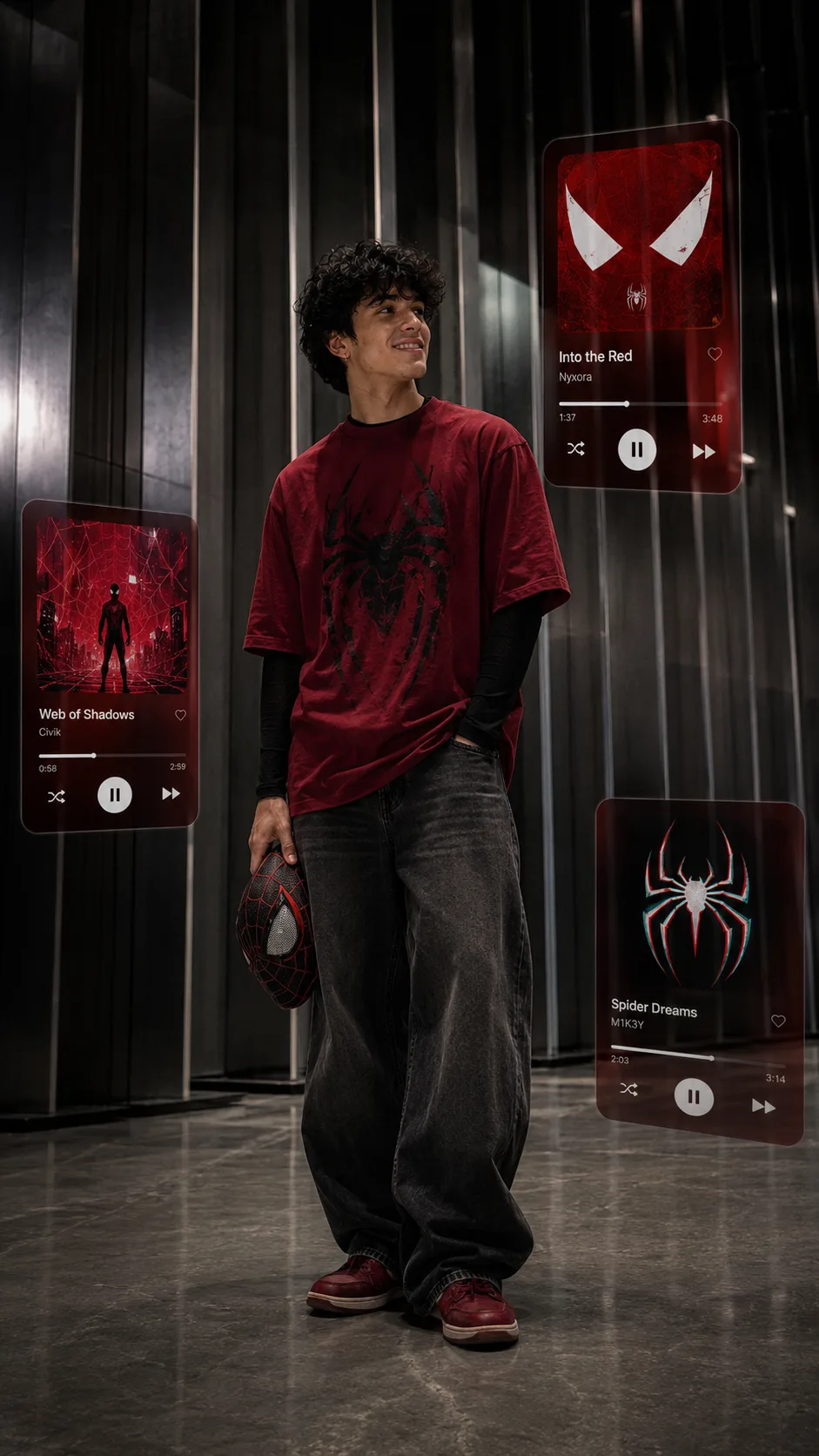 Style: Ultra-realistic streetwear editorial × cinematic portrait photography × superhero-inspired fashion × music-cover aesthetic ×