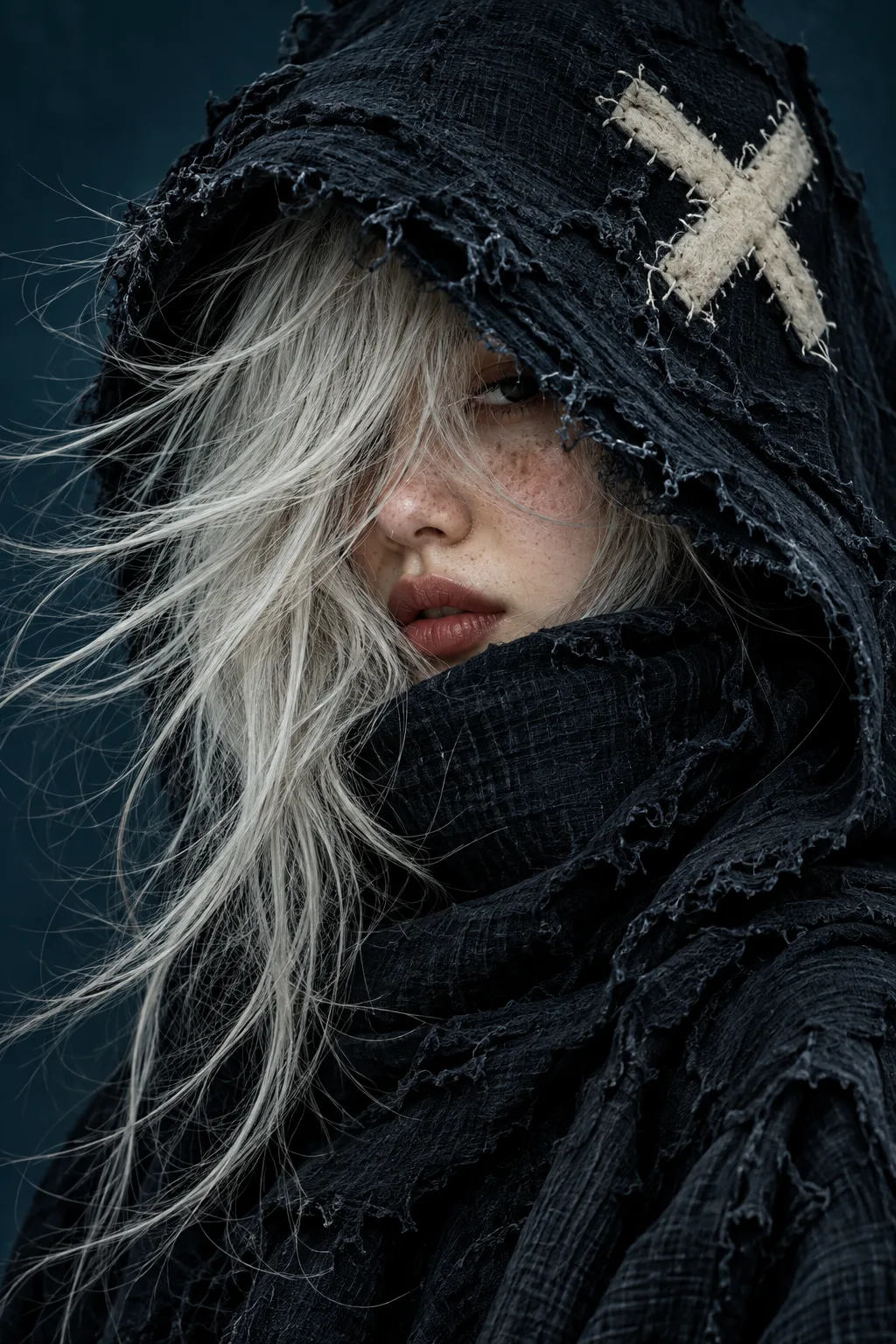 Dark, moody avant-garde fashion portrait of a person swallowed by an oversized, distressed black-navy hooded garment, the deep hood pulled