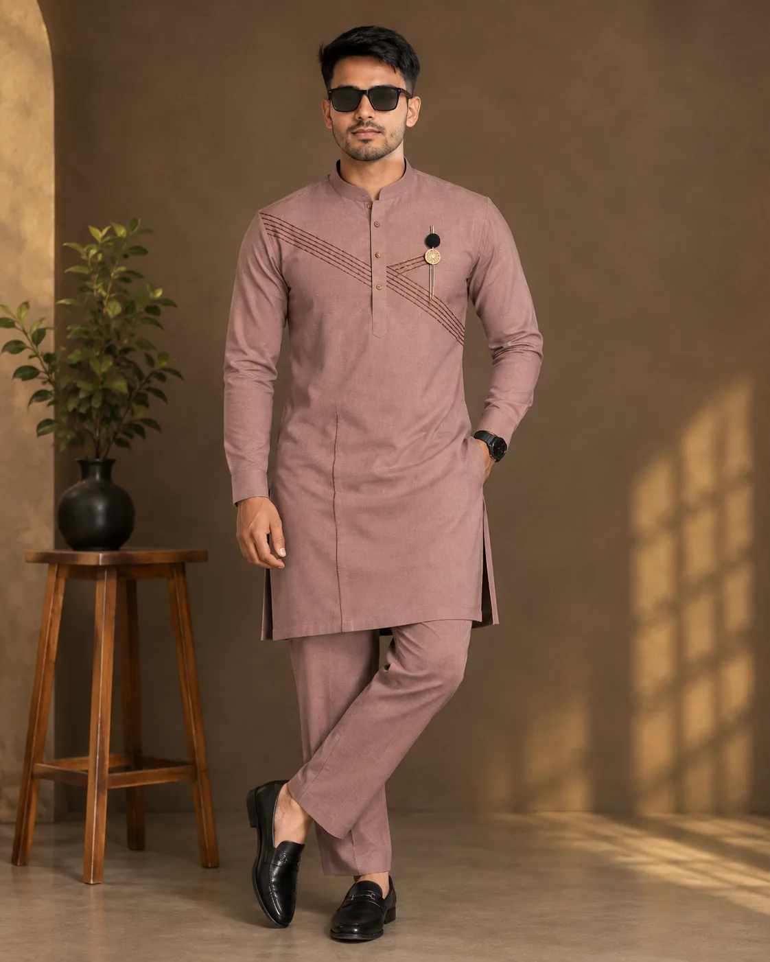 Create a highly realistic full-body fashion portrait of a stylish young South Asian/Indian man standing confidently in a warm, elegant