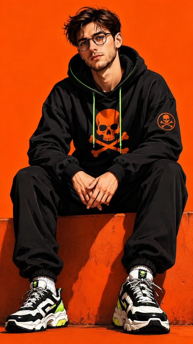 Gpt image 2 with ChatGPT Prompt: Ultra-detailed stylized digital illustration of a confident middle-aged man sitting casually on an orange