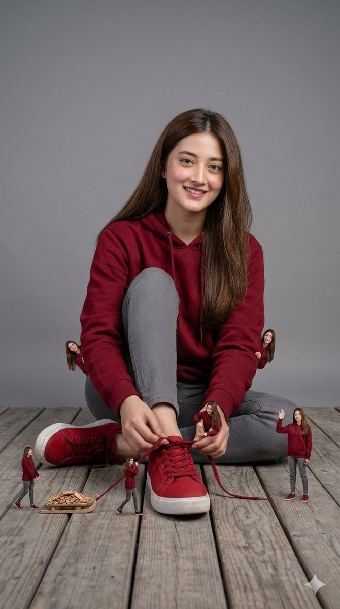 Studio portrait of a smiling woman in a dark red hoodie and grey pants sitting on a wooden plank floor against a solid grey background.