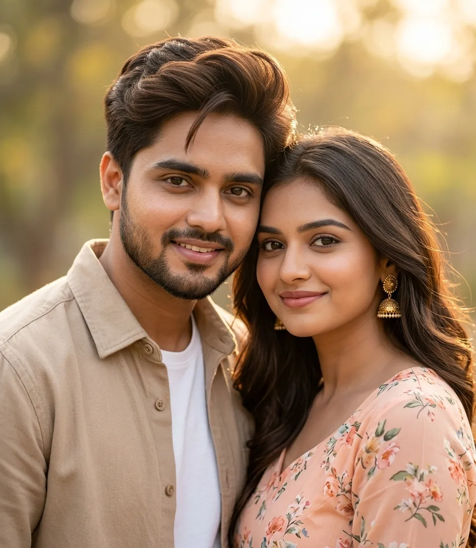 A close-up, heartwarming photorealistic portrait of a young South Asian couple.