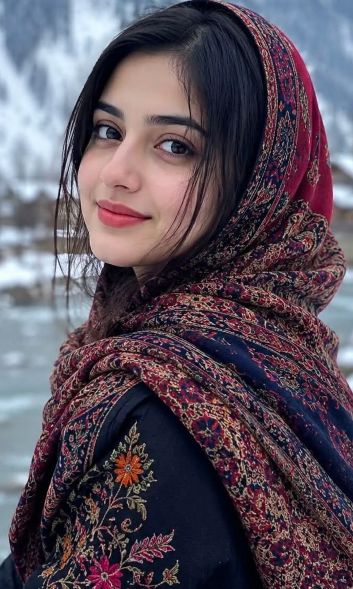 A realistic and highly detailed outdoor portrait of a beautiful young Kashmiri woman smiling softly at the camera.