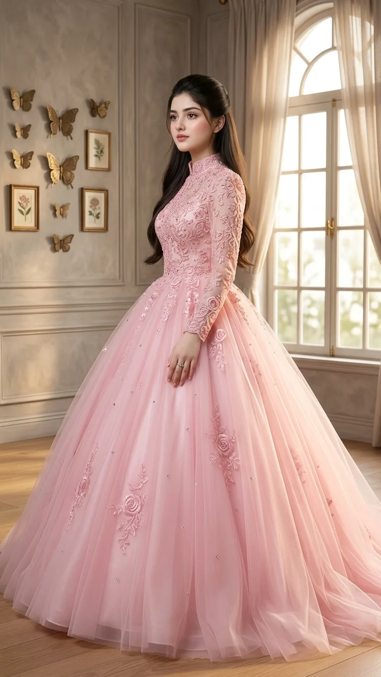 **Prompt:** A full-body photograph of a beautiful young woman with long dark hair styled in a graceful half-updo, standing in a serene side