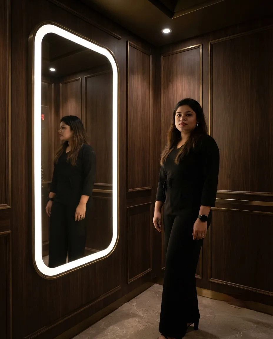 Create an ultra-realistic, high-resolution vertical 4:5 fashion photograph of a young adult woman posing inside a sophisticated modern