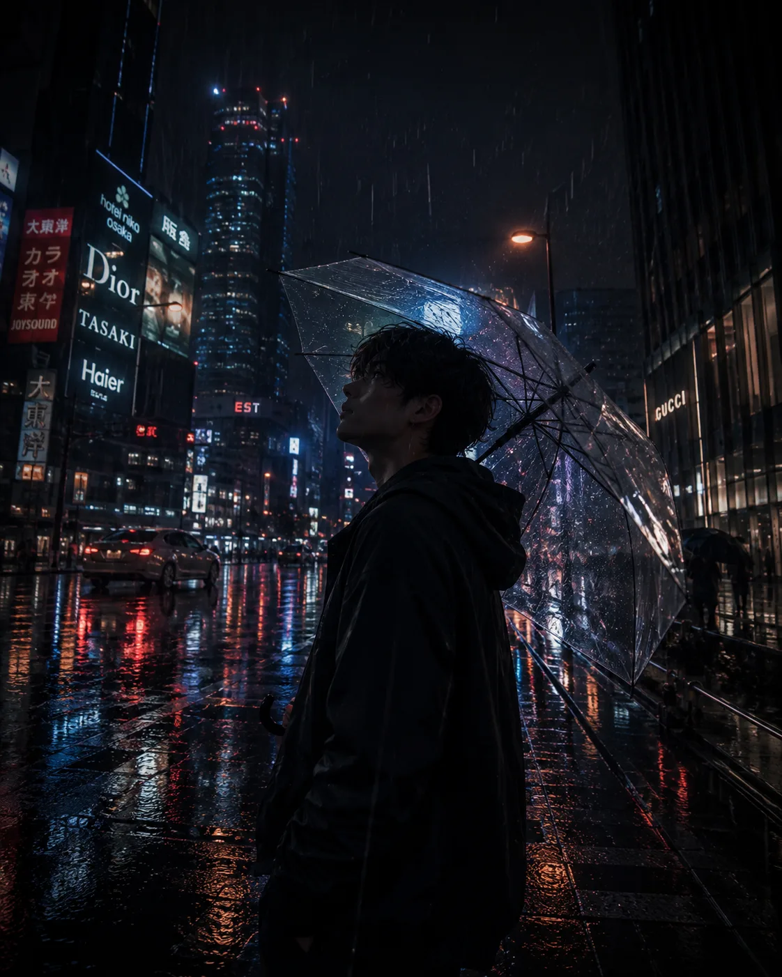 Create a cinematic anime-style scene of a young character(myself) standing alone on a quiet city street at night after heavy rain.
