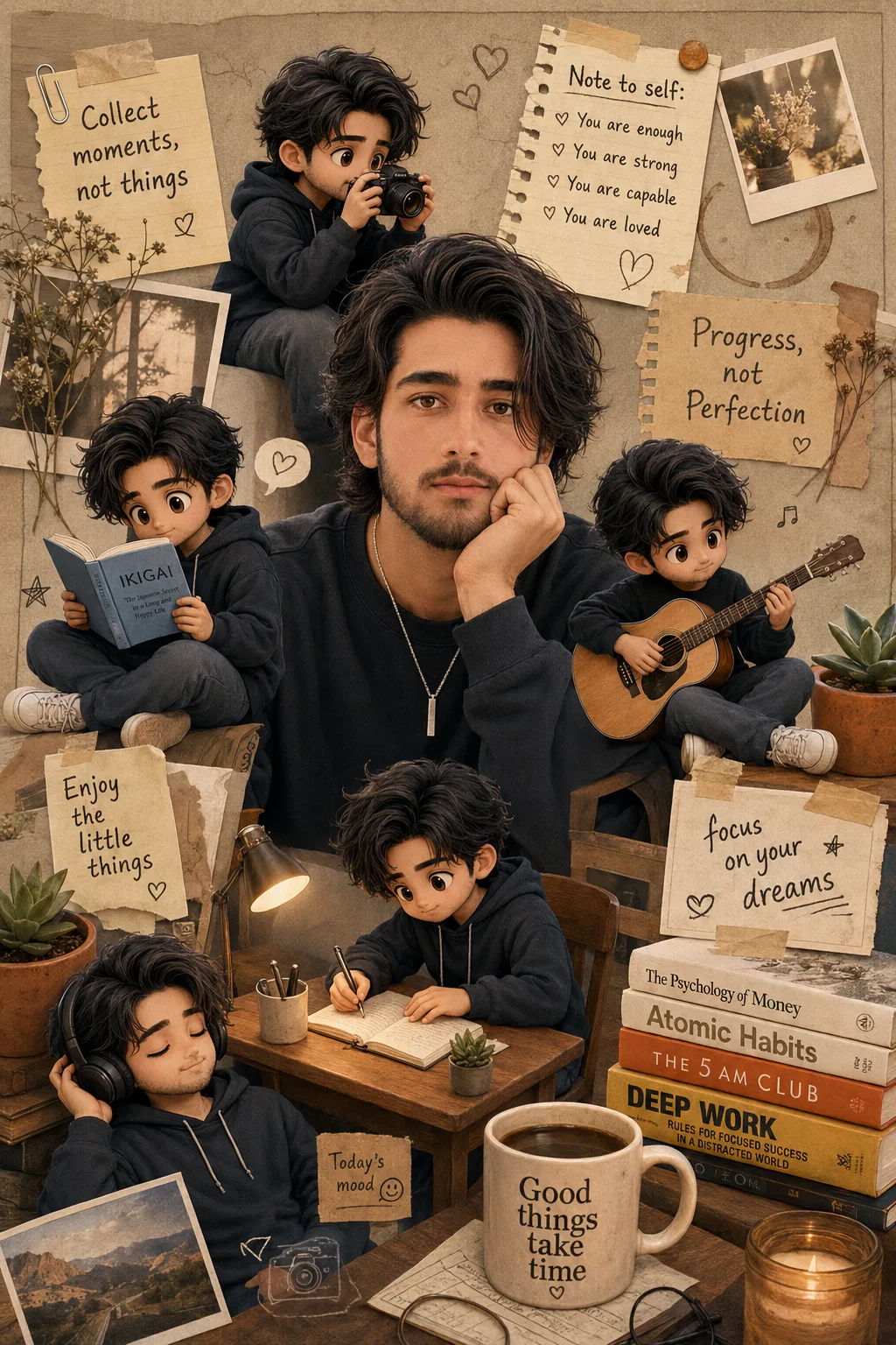 A cozy, aesthetic scrapbook collage featuring a handsome young man with messy black hair, dark eyes, and a thoughtful expression, wearing a