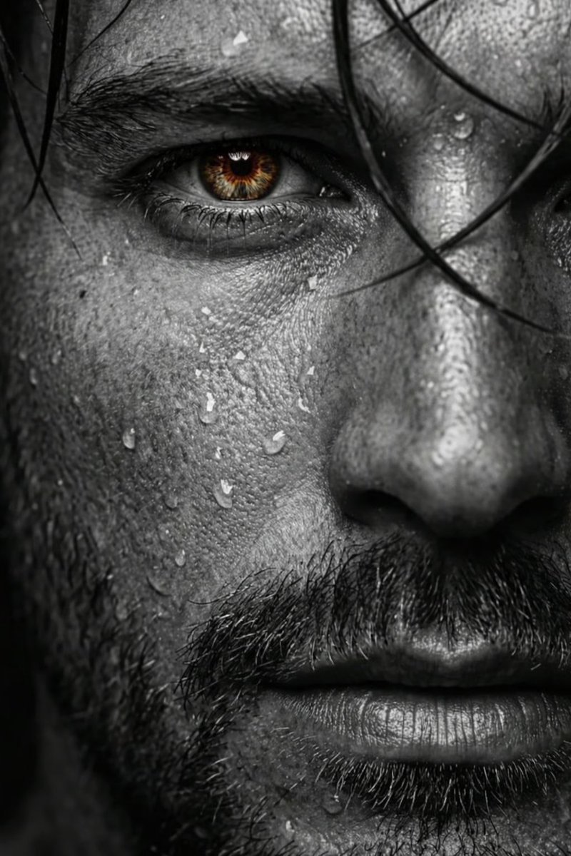 Ultra-realistic cinematic close-up portrait of a rugged man’s face, extreme detail, black and white photography with selective color, one