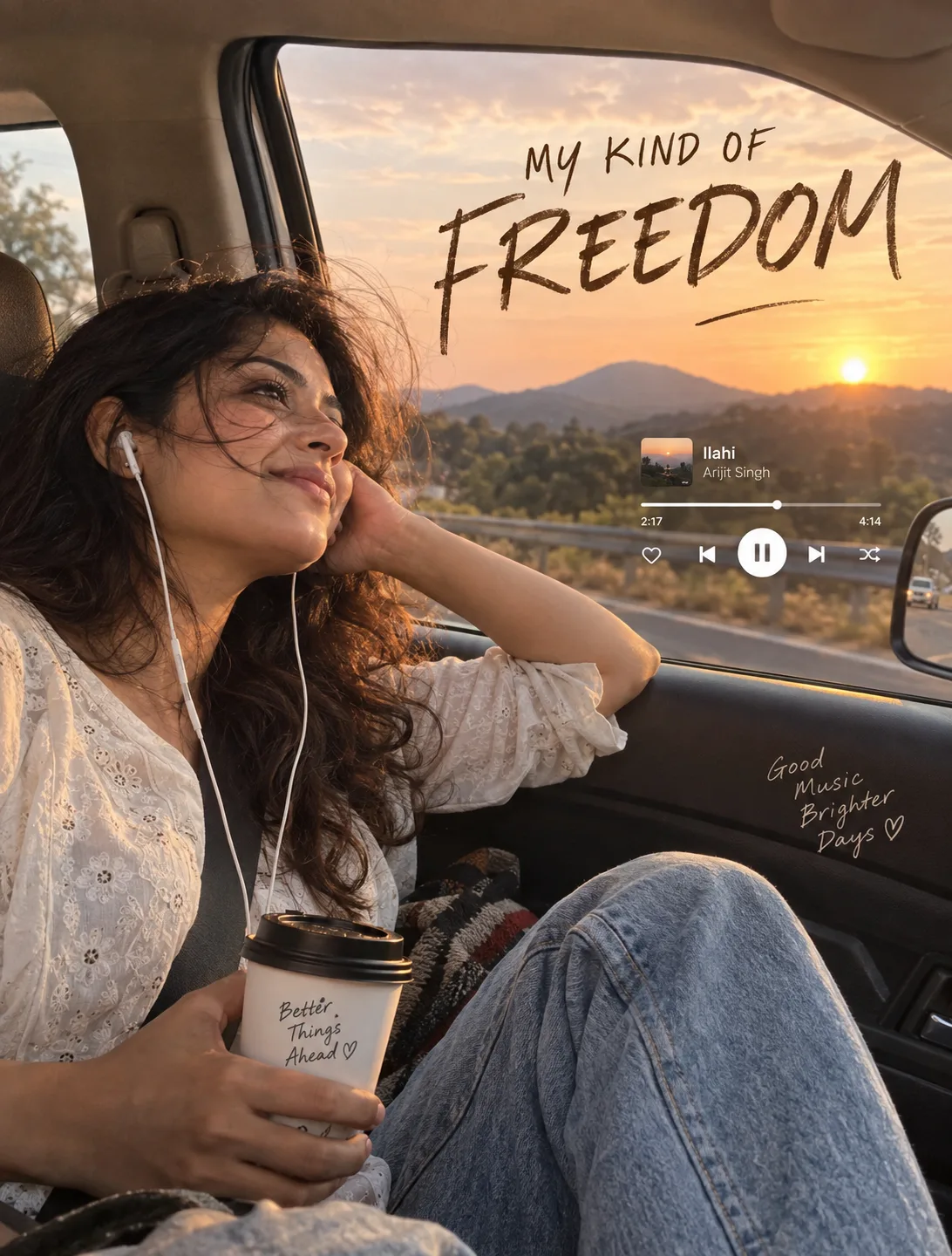 MY KIND OF FREEDOM Create an ultra-realistic cinematic road-trip lifestyle editorial photograph recreating the reference image as closely