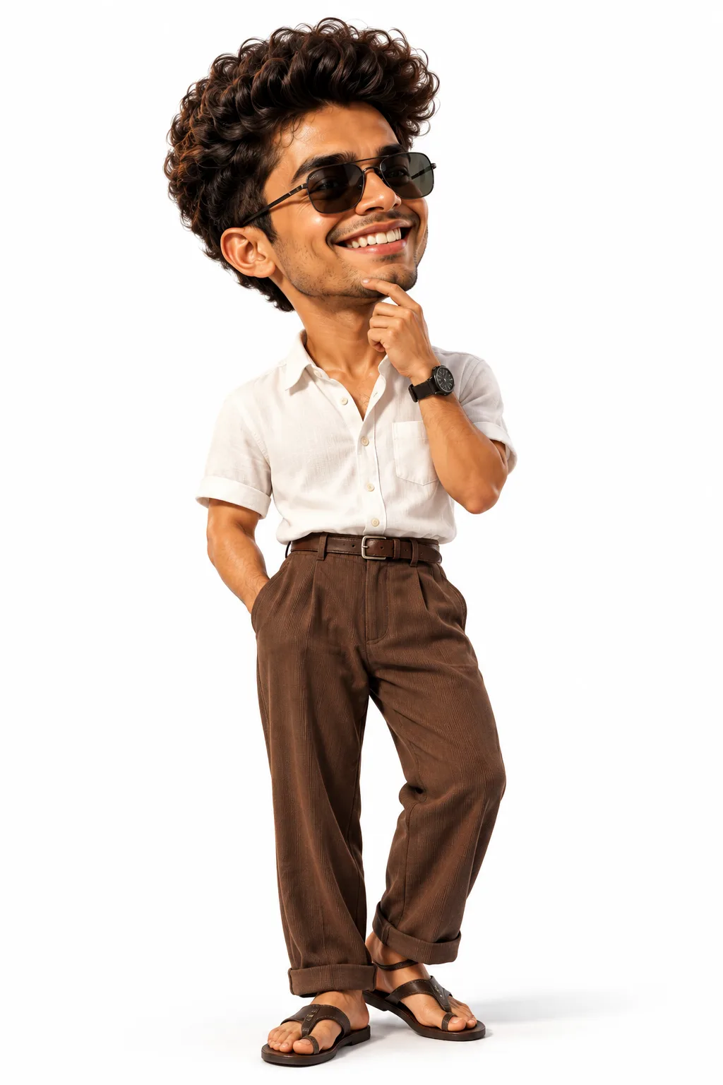 A highly detailed 3D caricature of a cheerful man with an oversized head, a big smile showcasing large teeth, and curly voluminous hair.