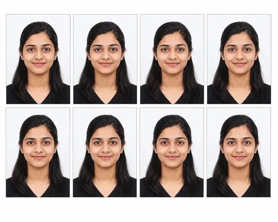 Create a professional passport-size photo sheet that looks exactly like it was clicked in a high-end photography studio using a