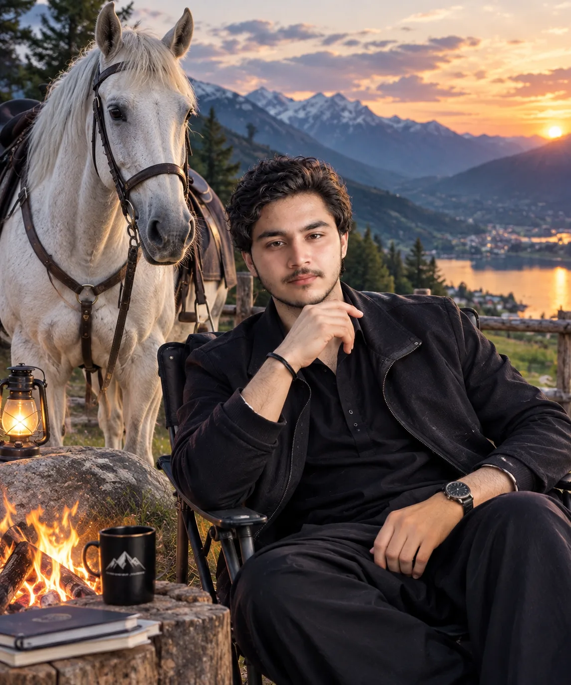 > Create an ultra-realistic, high-resolution cinematic portrait of a stylish young South Asian man relaxing beside a majestic white horse