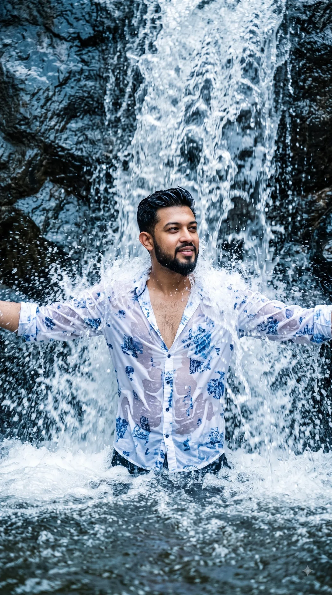 Use uploaded image to convert into a high-resolution, cinematic realistic image of the uploaded person standing waist-deep in water