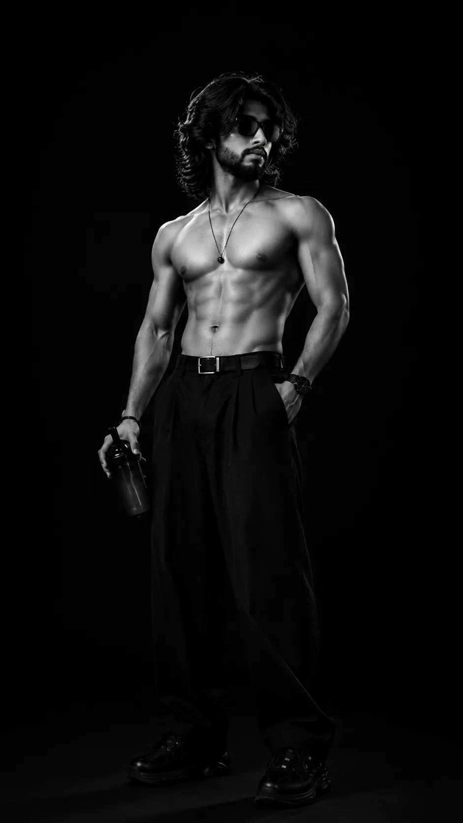 A full-length black and white portrait of a athletic man standing in a low-angle vertical shot.