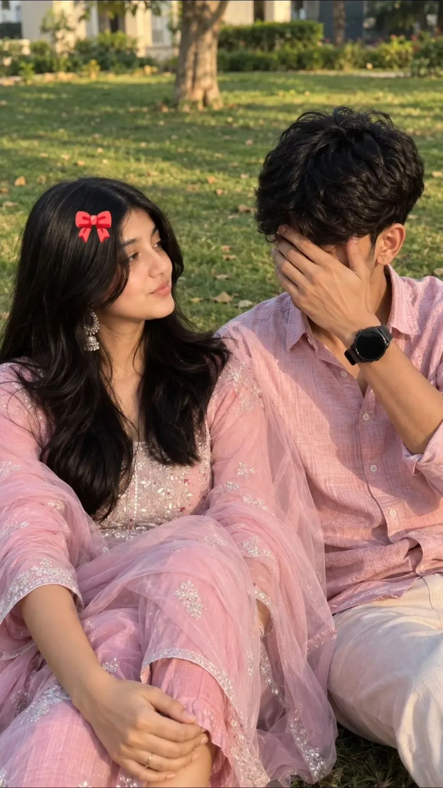 Create an ultra-realistic cinematic vertical 9:16 DSLR-quality portrait of a young South Asian couple sitting closely together on a grassy