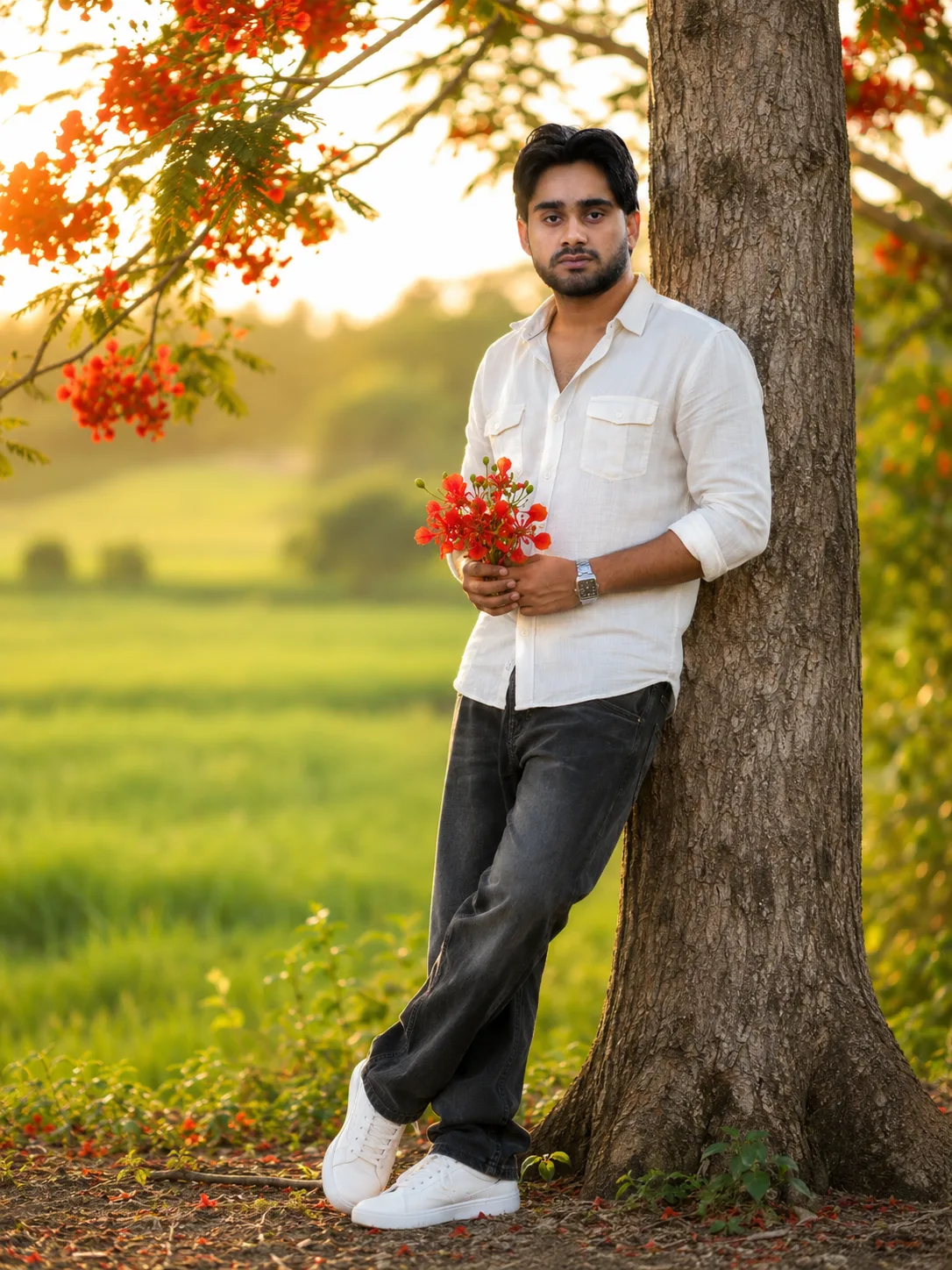 Photorealistic full-length outdoor portrait of the exact same young South Asian man from the reference image, preserving maximum facial