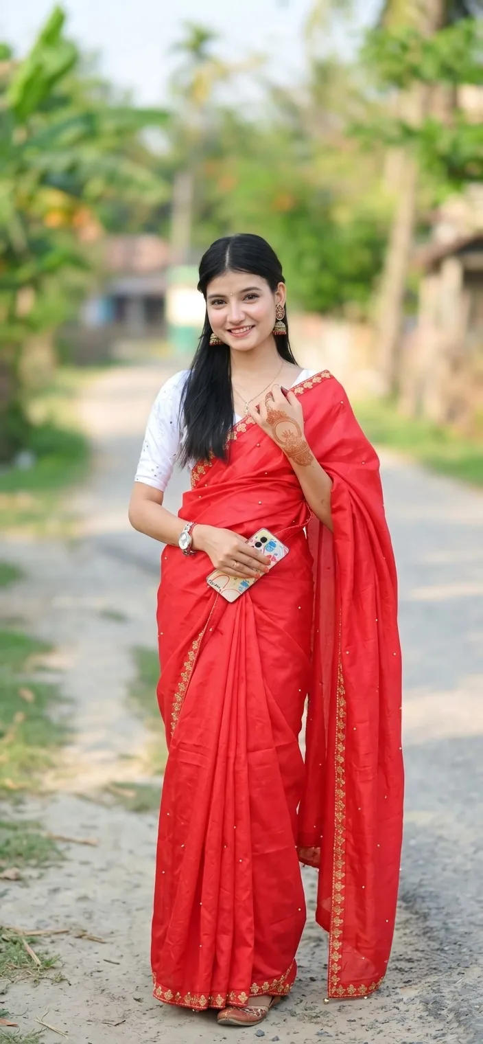 A photorealistic vertical full-length shot of the young South Asian woman from the reference image, faithfully preserving her recognizable