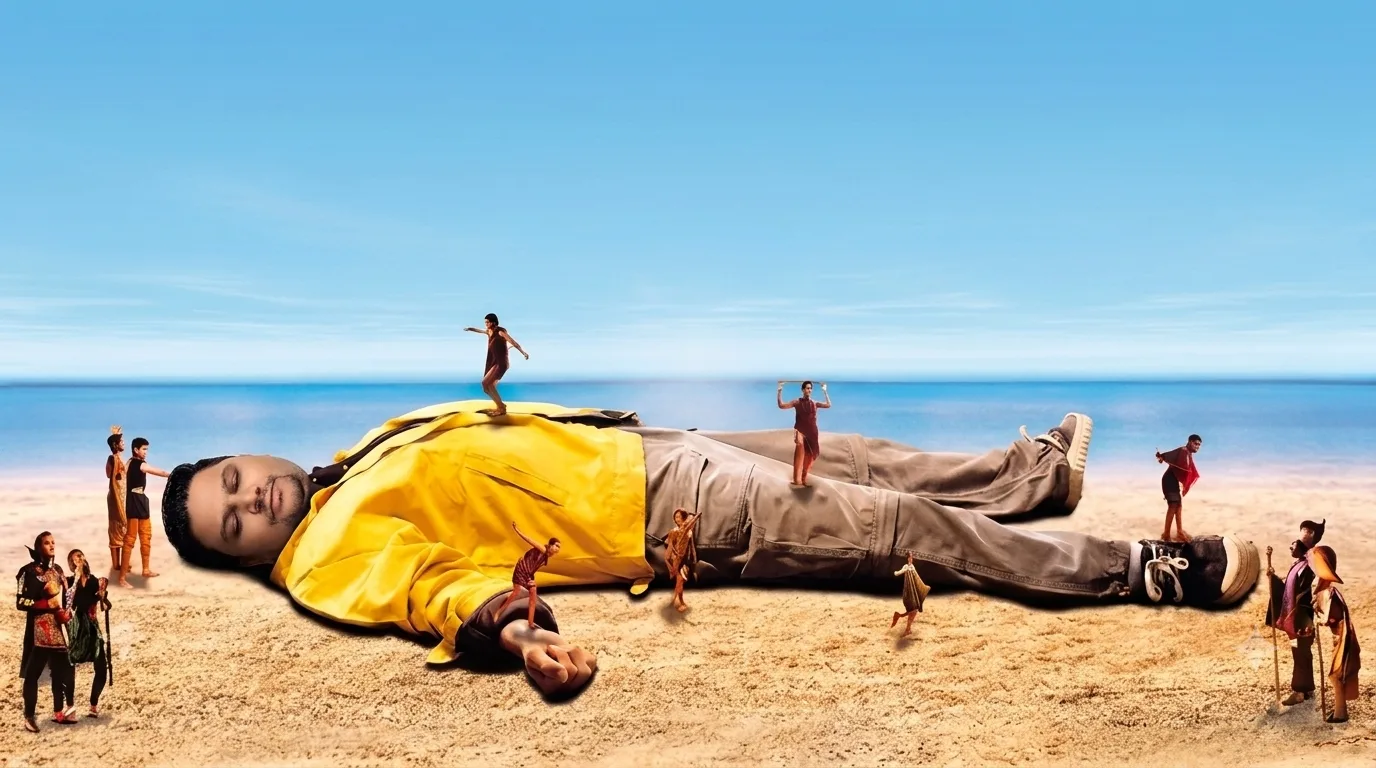 A surreal cinematic beach scene featuring a giant man lying peacefully on a sandy beach, wearing a bright yellow T-shirt and gray cargo