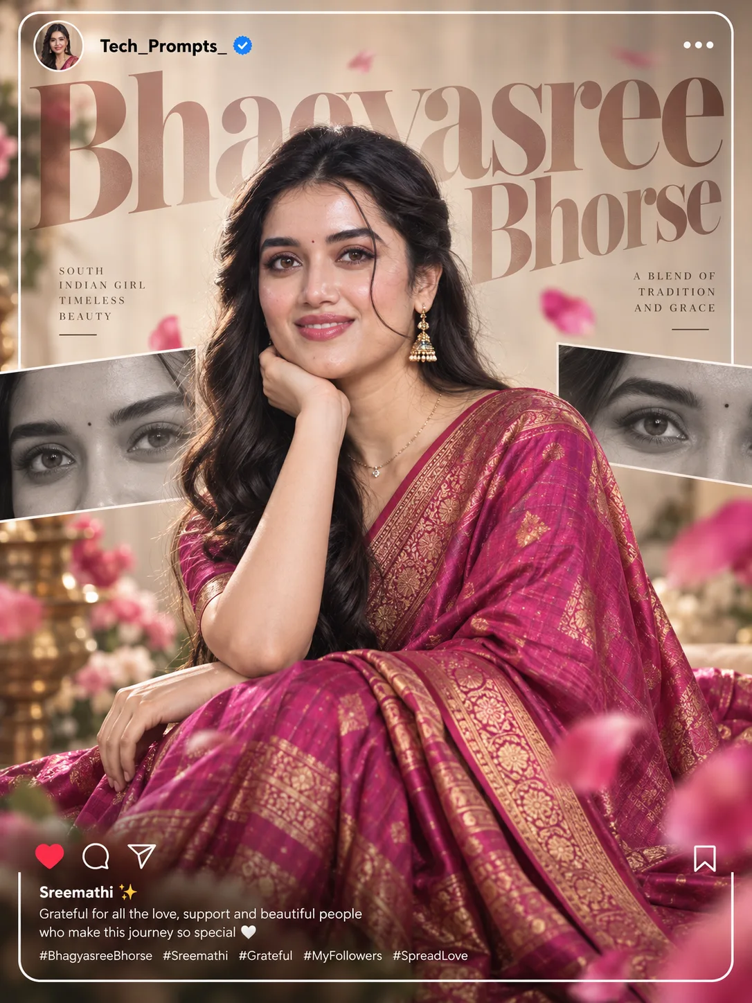 Create an ultra-premium Instagram-inspired South Indian fashion portrait poster in a strict 3:4 aspect ratio featuring a beautiful young