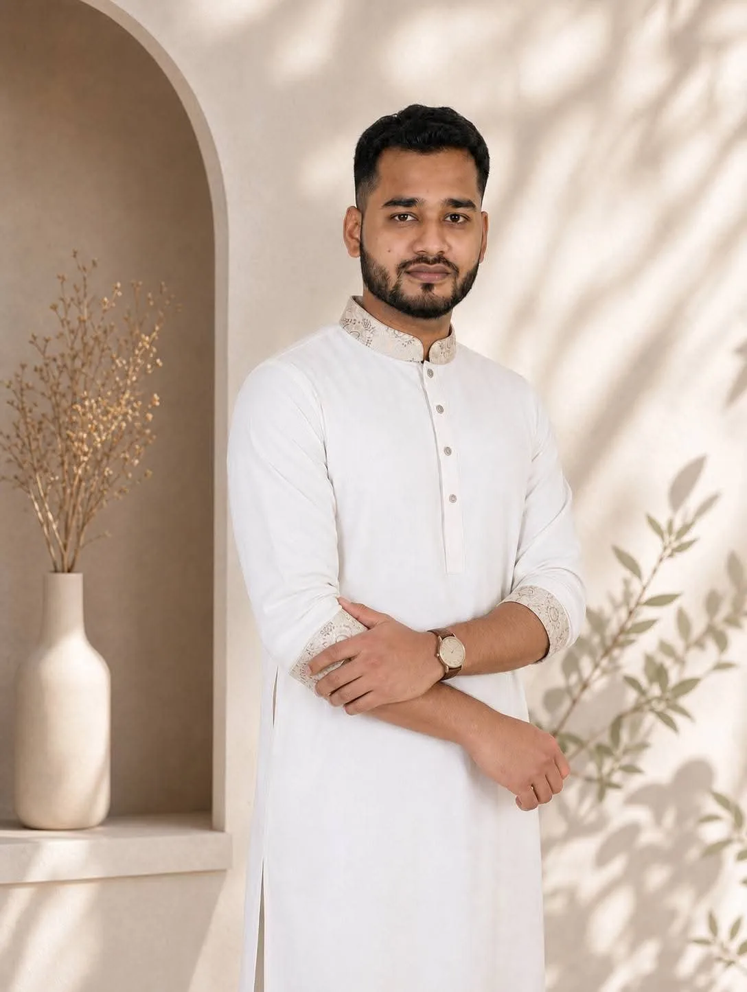 Recommended Prompt > Professional portrait of a young South Asian man with a neat beard and short dark hair, looking directly at the camera