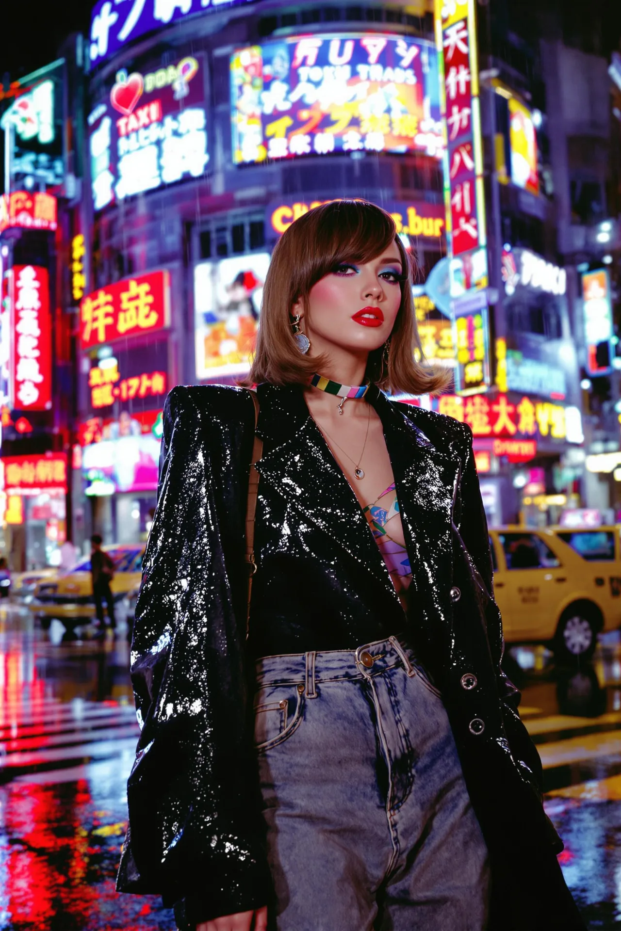 "A highly detailed, cinematic photograph of a stunning young woman with a stylish bob haircut and vibrant makeup (red lips, blue