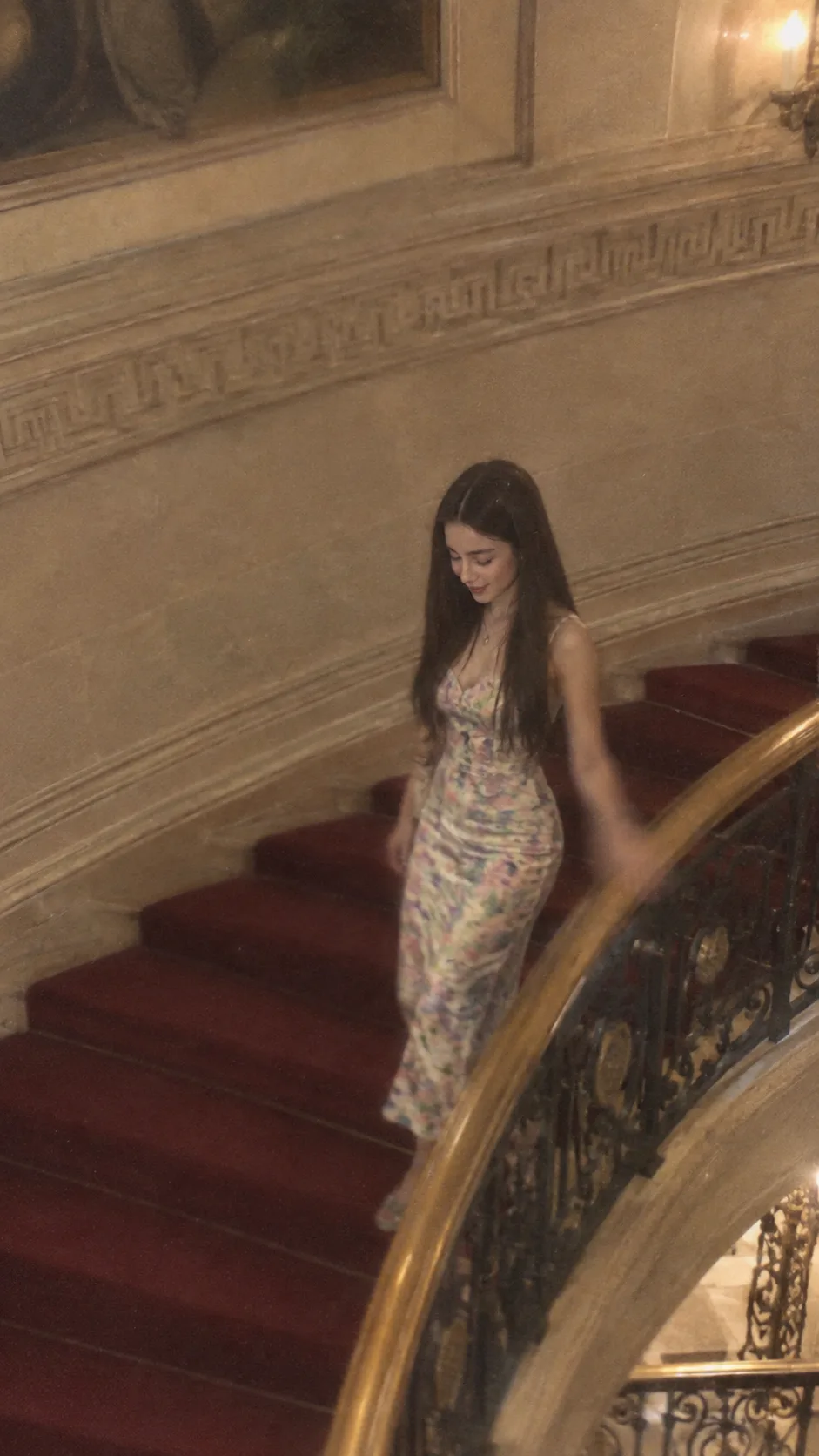 Ultra realistic candid vintage photo,vertical 9:16, shot FAR AWAY from the woman,from the SIDE of a large curved staircase and slightly