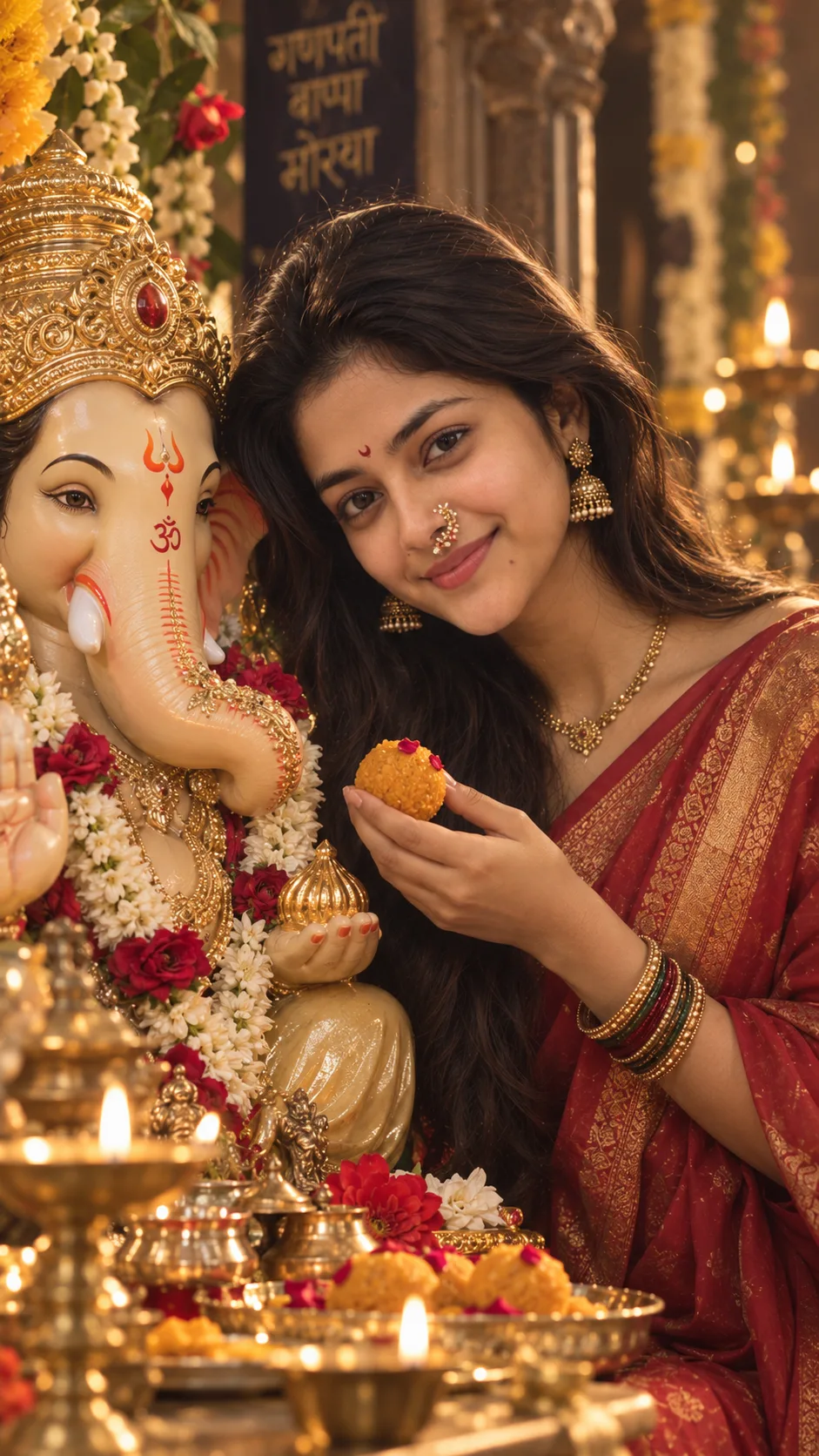 Ultra-realistic 9:16 devotional portrait of a young South Asian woman standing closely beside a richly adorned Lord Ganesha idol.