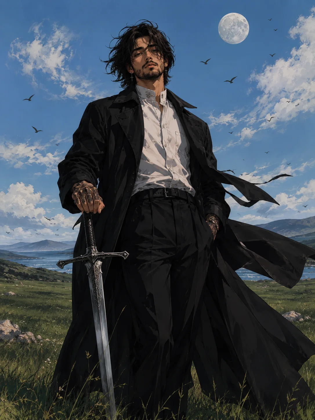 Anime digital illustration of a young man standing in a grassy field, holding a European longsword resting tip-down.