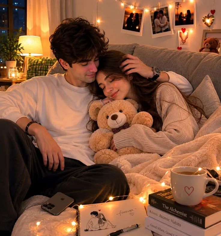 A cozy indoor romantic portrait of a young couple cuddling on a grey sofa.