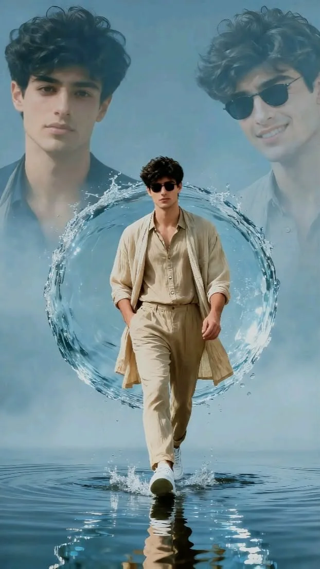 A complex, high-fashion multi-exposure surreal digital collage themed around water, featuring three layers of a handsome young man with