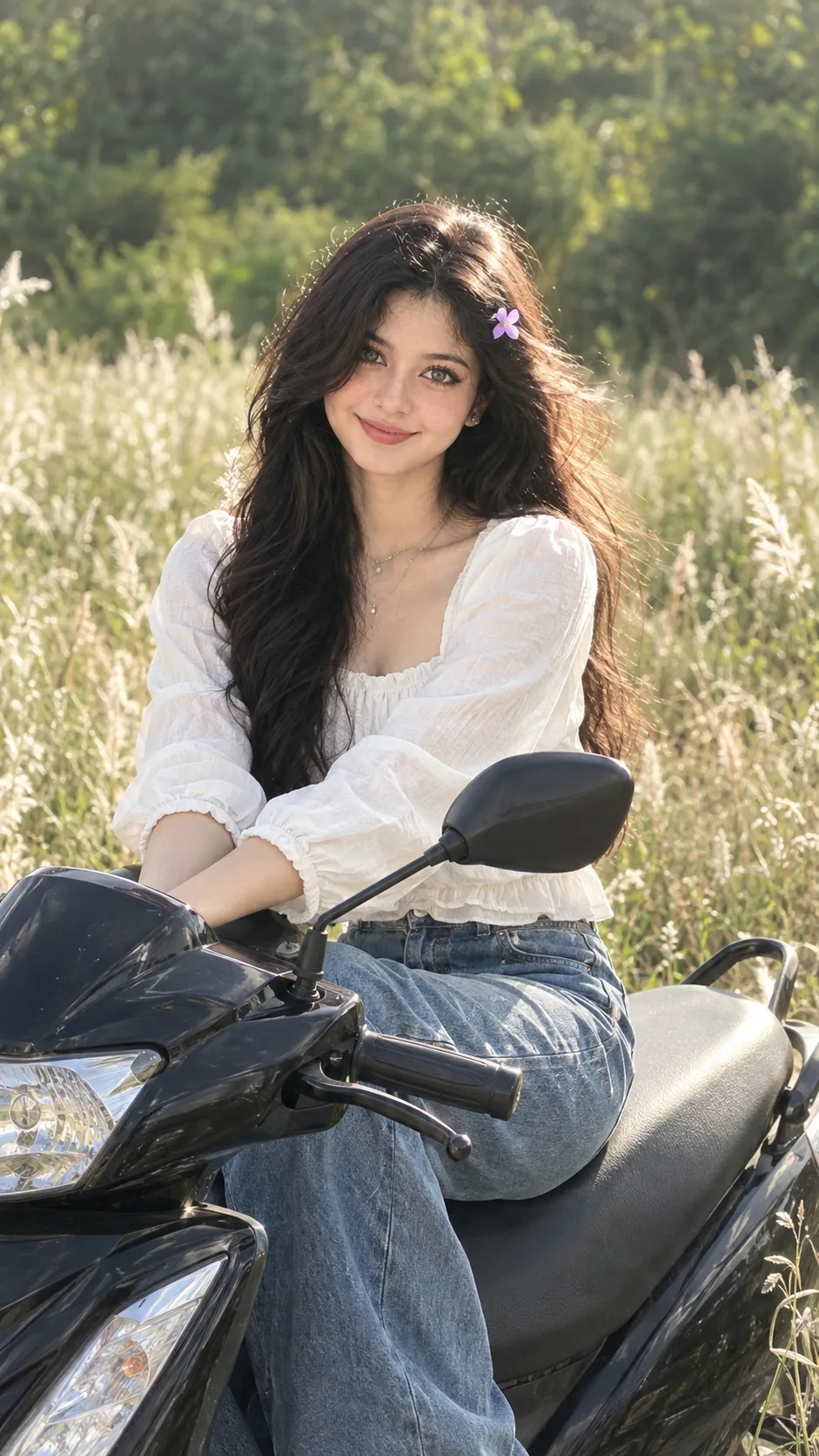 A young girl sitting on a black scooter in the middle of a fall white grass field during daytime.