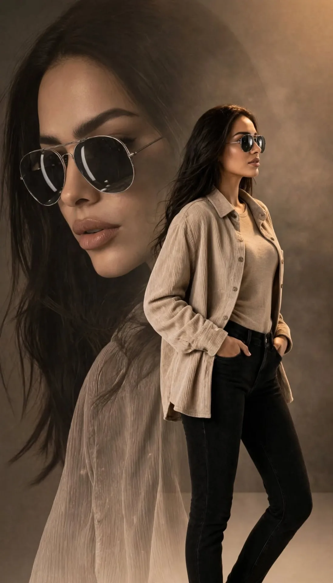 artistic double-exposure fashion portrait, large faded close-up face with aviator sunglasses in background, sharp full-body woman in