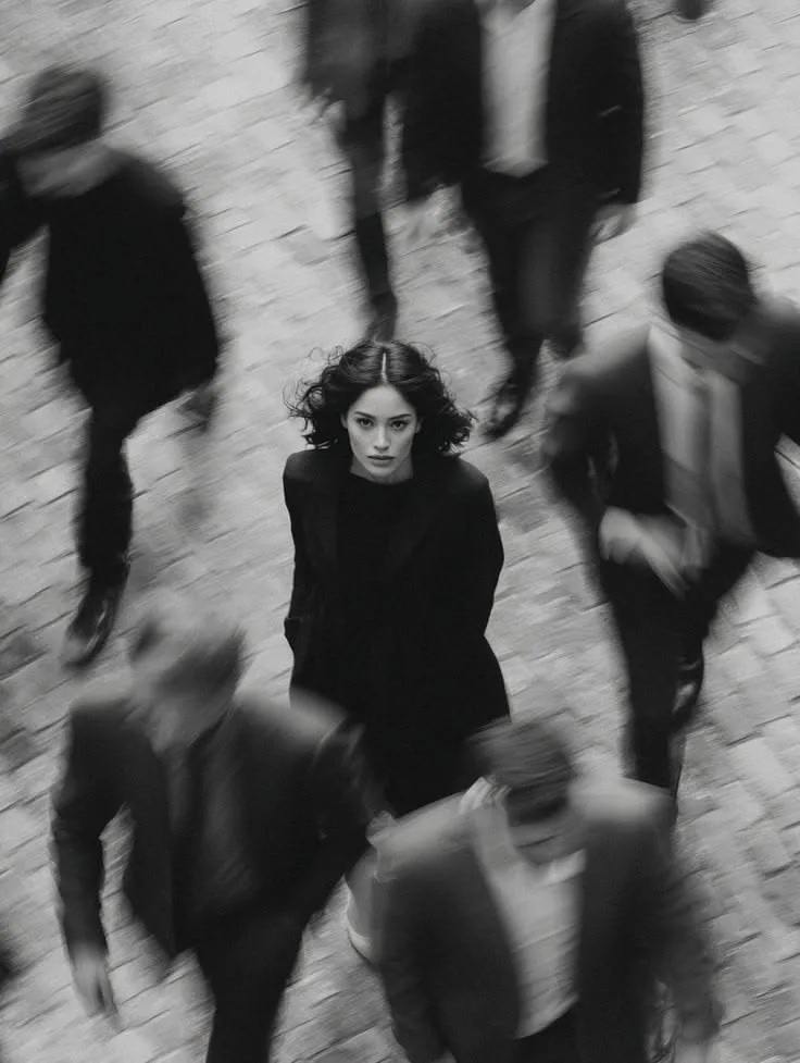 Create a highly realistic editorial black-and-white fashion photograph based exactly on the reference image.