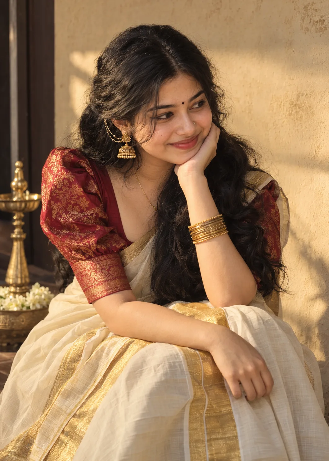 Use this image create a Ultra-realistic portrait of a young woman wearing a traditional Kerala-style cream and gold skirt/saree with a rich