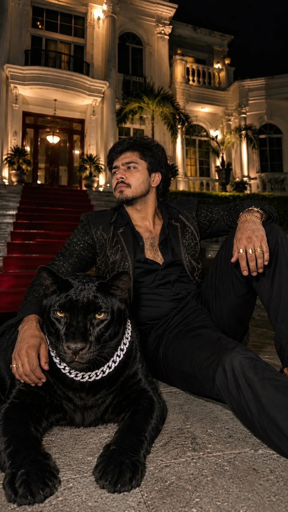 Create a highly realistic cinematic night portrait of a stylish young man reclining beside a powerful black panther in front of a grand