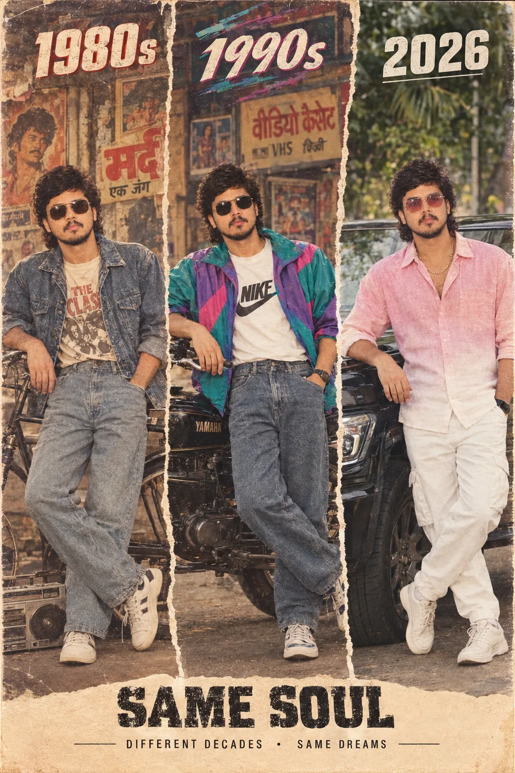 Ultra-realistic cinematic 2:3 Indian fashion timeline poster showing the same South Asian man across 1980s, 1990s, and 2026 in three