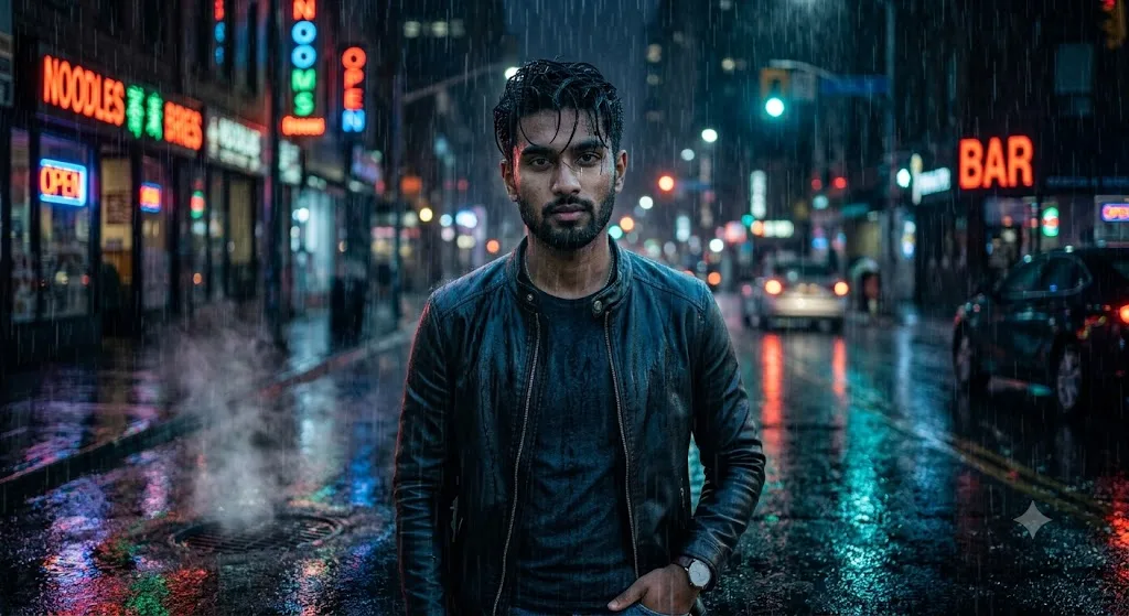Cinematic portrait of handsome man, black leather jacket,