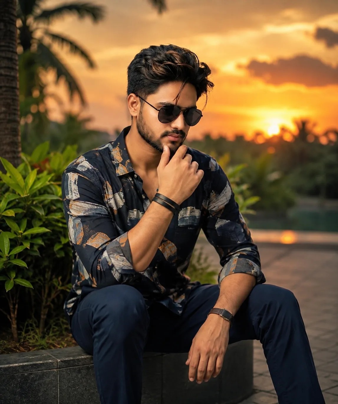 Ultra-realistic 8K portrait of a young man end black golden sunglasses sitting sideways and preservation black hair, wearing a trendy